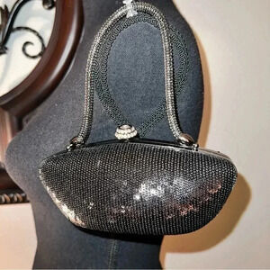Ellian Black Sequin Evening Bag Purse Spring Handle Rhinestone Accent Closure